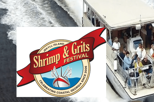 Logo for Jekyll Island Shrimp & Grits Festival over a boat with people.